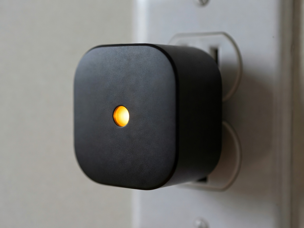 Close up of a smart plug with glowing power indicator
