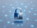Padlock icon over a digital home network background