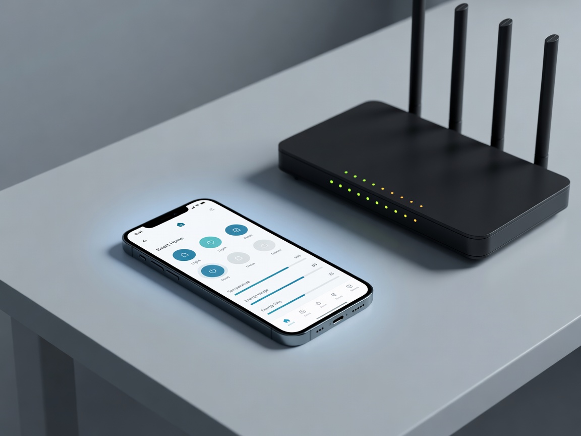 Smartphone displaying a smart home application interface next to a router