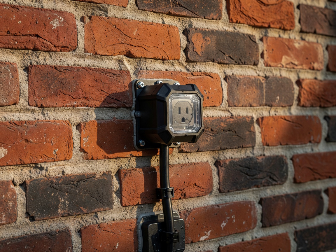 Weatherproof smart plug installed on an exterior brick wall
